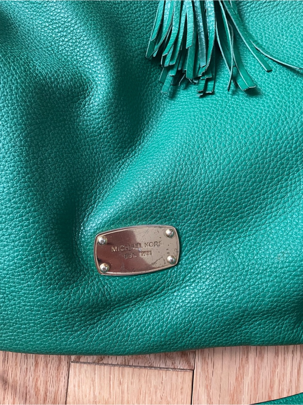 Michael Kors Emerald Green Pebbled Leather Shoulder Hobo with Tassel - Picture 2 of 4